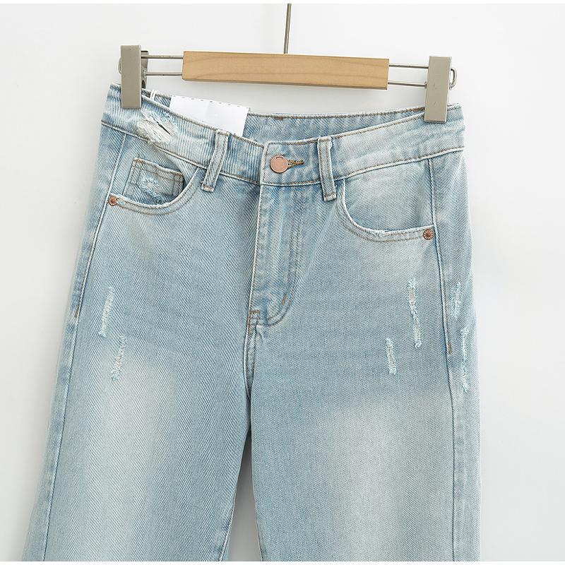 Mode Lässig Damen Voll Längen Locker Sitzende Jeans Gemütlich Mittlere Taille Abgenutzt Baggy Denim Hose Weiter Bein Hinten Aufgerissene Manschette Jean