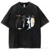 Vintage Washed Tuxedo Cat and Penguin Graphic T Shirt Men Women Cotton Short Sleeve Funny Animal Casual Streetwear Summer Tee
