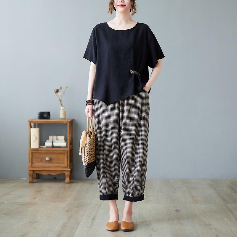 Sets Women Casual T Shirt Ankle Length Pants Summer Vintage Style Loose Pant Suits