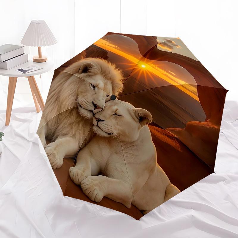 

1pc Lion couple at sunset heart-shaped rock formation Umbrella with Plastic Handle,Suitable for All Seasons UmbrellaPT570