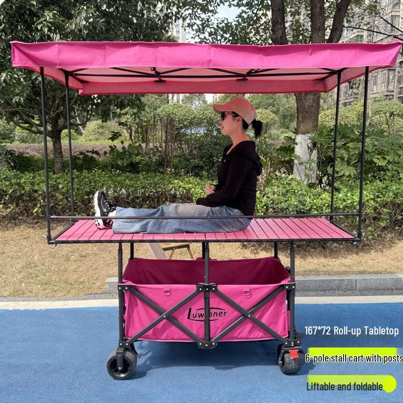 Adjustable Folding Handcart with Umbrella, Elevated Canopy & Table Top for Street Stalls or Camping.