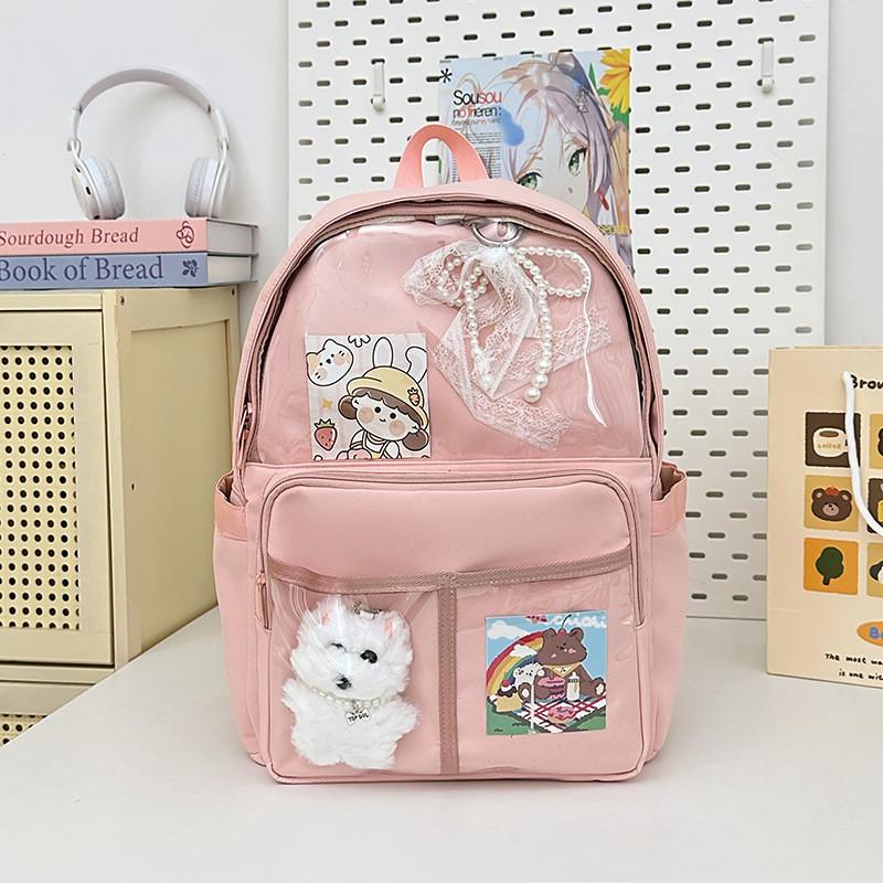Backpack Simple Student With Transparent Compartments And Pendant Badges