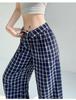 Women's Blue Plaid High-Waist Wide-Leg Summer Pants: New 2026 Fashion, Casual, Floor-Length Drape Design.
