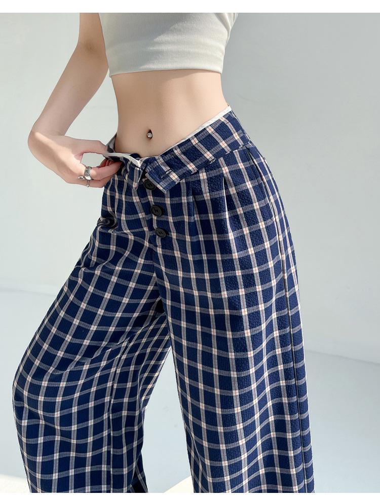 Women's Blue Plaid High-Waist Wide-Leg Summer Pants: New 2026 Fashion, Casual, Floor-Length Drape Design.