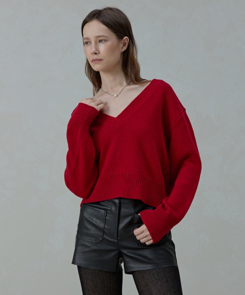 Aheule Moana Renew Wool Cropped V-Neck Knit_Red