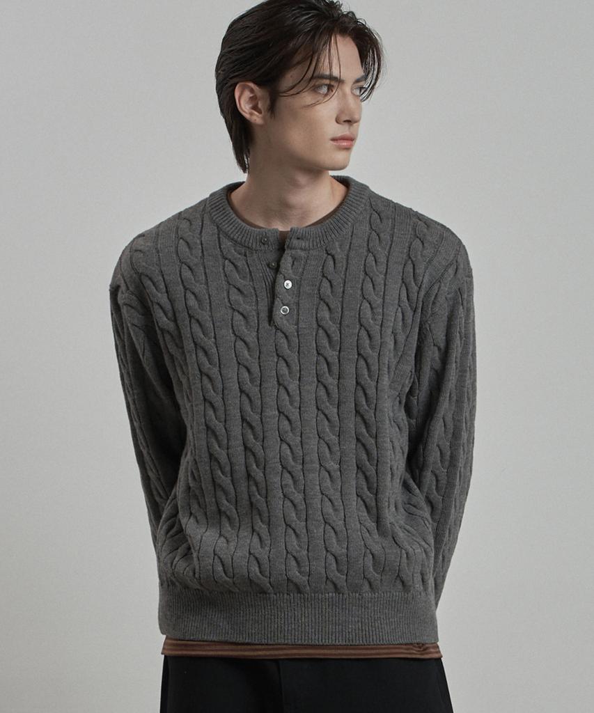 WORK ON BODY OFF Tord Semi-Overfit Cable Henley Neck Knit [Gray]
