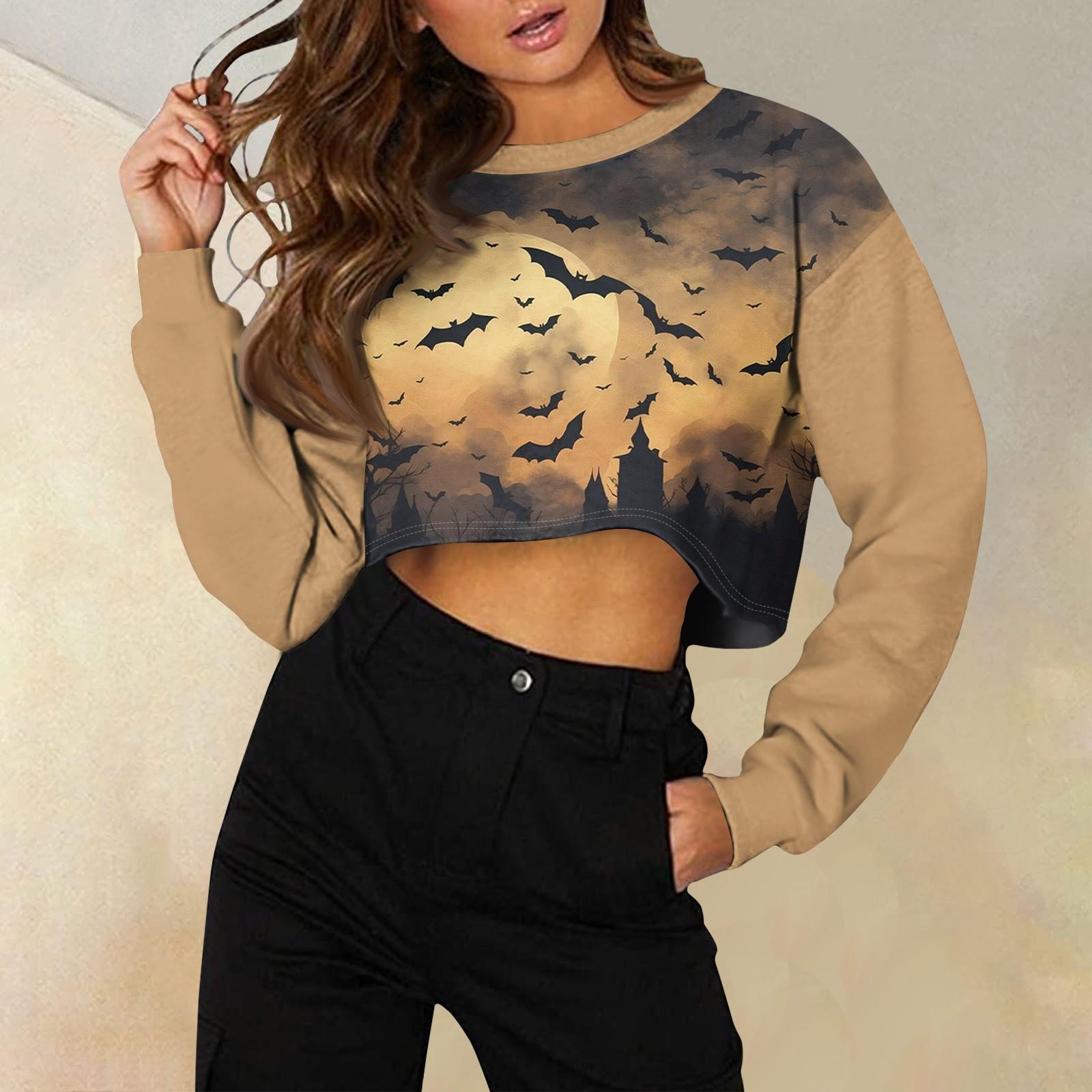 

Женская модная повседневная свободная короткая толстовка с круглым вырезом и длинным рукавом с принтом на Хэллоуин M