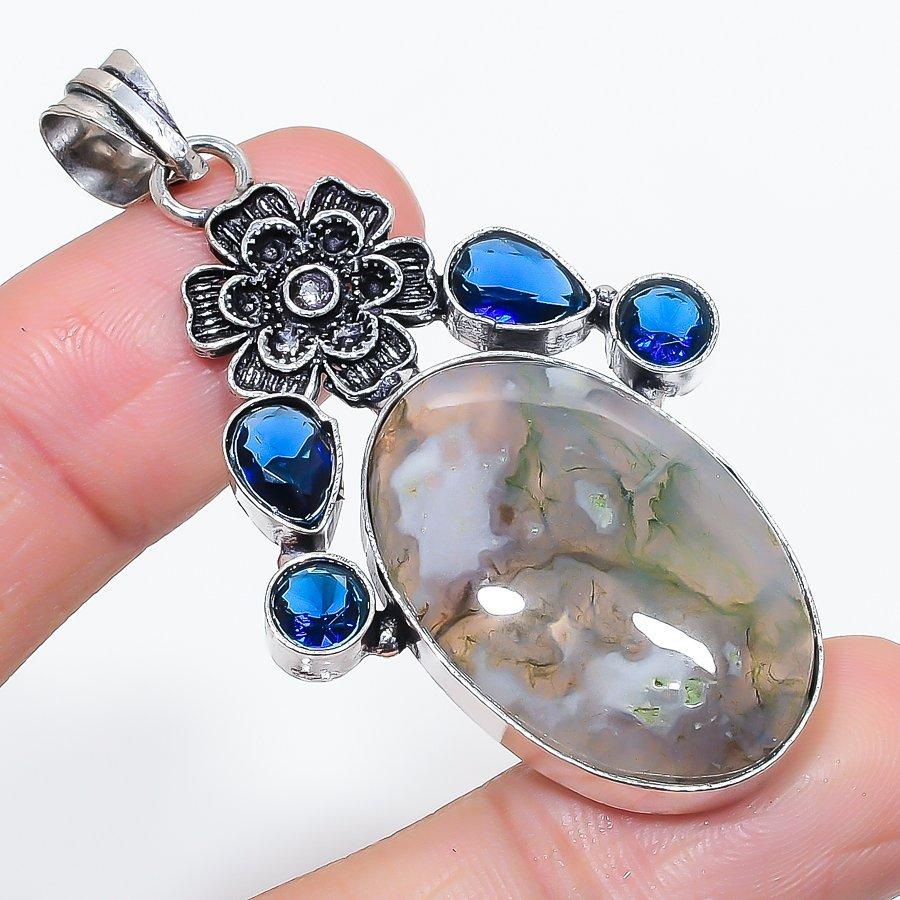 

Натуральный индийский моховой агат, топаз, ювелирная подвеска из стерлингового серебра 925 пробы, 2,48 o2v25