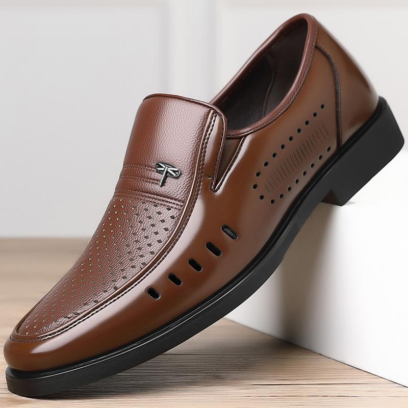 

2024 Мужские летние кожаные туфли с острым носком, качественные черные, из натуральной кожи, мягкие, дышащие, с отверстиями, мужские туфли 10.5 коричневый