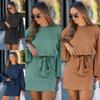 2026 European & American Women's Ribbed Knit Dress with Belt - Long Sleeve, Spring/Autumn Fashion