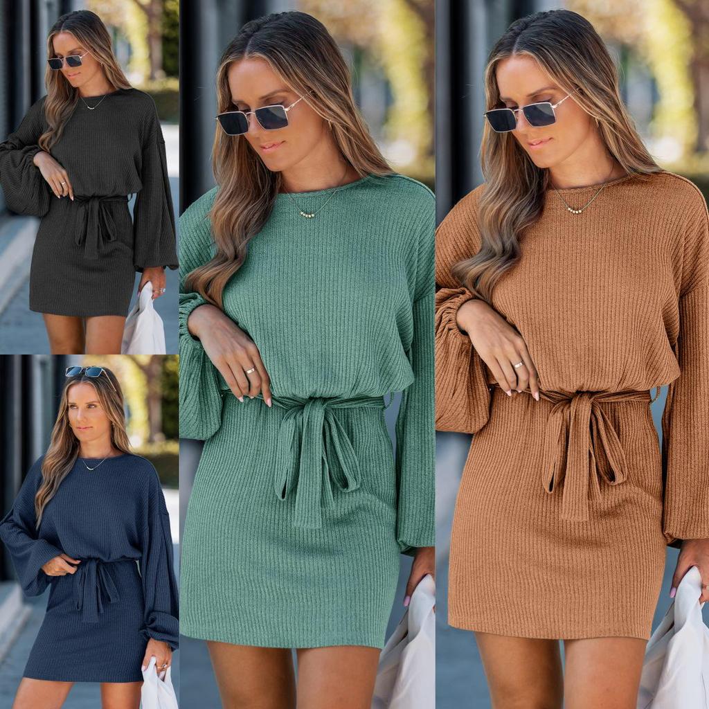 2026 European & American Women's Ribbed Knit Dress with Belt - Long Sleeve, Spring/Autumn Fashion