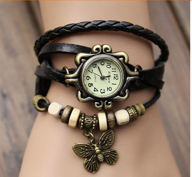 Vintage Schmetterlings Armbanduhr Leder Mode Damen Quarzuhr