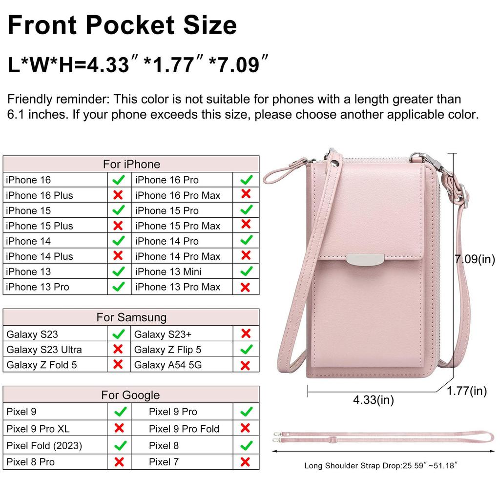 KUKOO Kleine Crossbody Tas met Portemonnee voor Mobiele Telefoon en Creditcardvakjes voor Dames, A- Roze Rits Verbeterde Versie, één maat