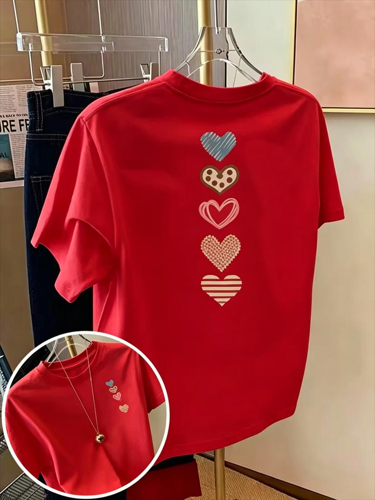 Fashion Unisexs Unisexs Tshirt With Heart Print Doublesided Love Design Round Neck Casual Top Summer New Fall Casual Attire
