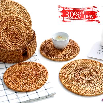 1PC Round Natural Rattan Coasters Bowl Pad Handmade Padding Cup Mat Insulation Placemats Kitchen Decoration Accessories
