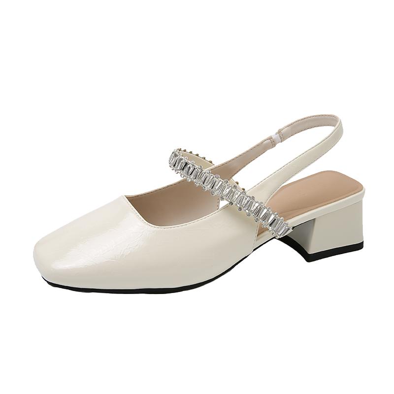 Kitten Heel Back Empty Rhinestone Mary Jane Single Shoes Women's New Spring and Summer Temperament Baotou Square Heel Sandals