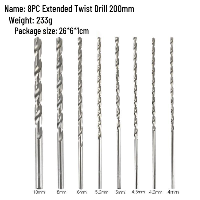 High-Speed Steel Extended Twist Drill, Straight Shank, 150mm/200mm Length