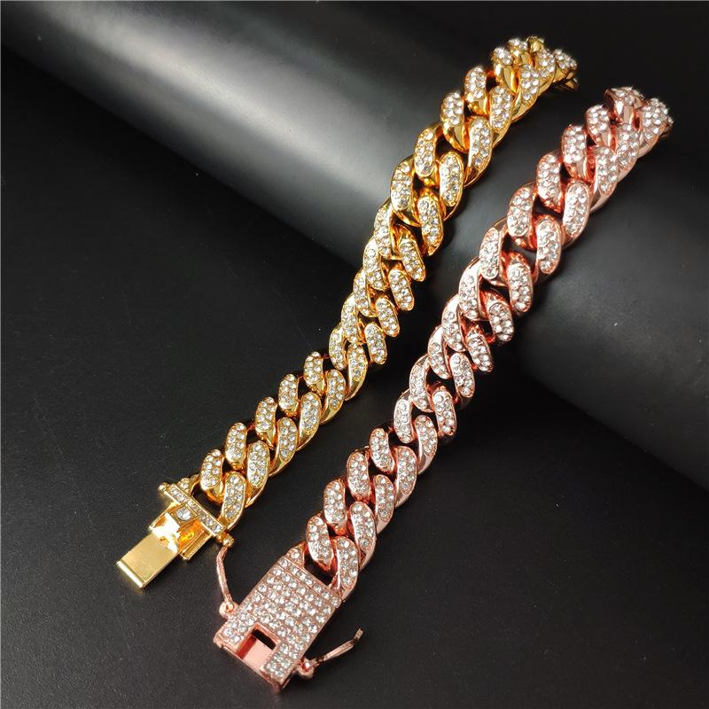 Hip Hop Shiny Cuban Link Chain Bracelets Women Men Gold Color Rhinestone Iced Out Chain Bracelets Punk Wristband Jewelry Gift