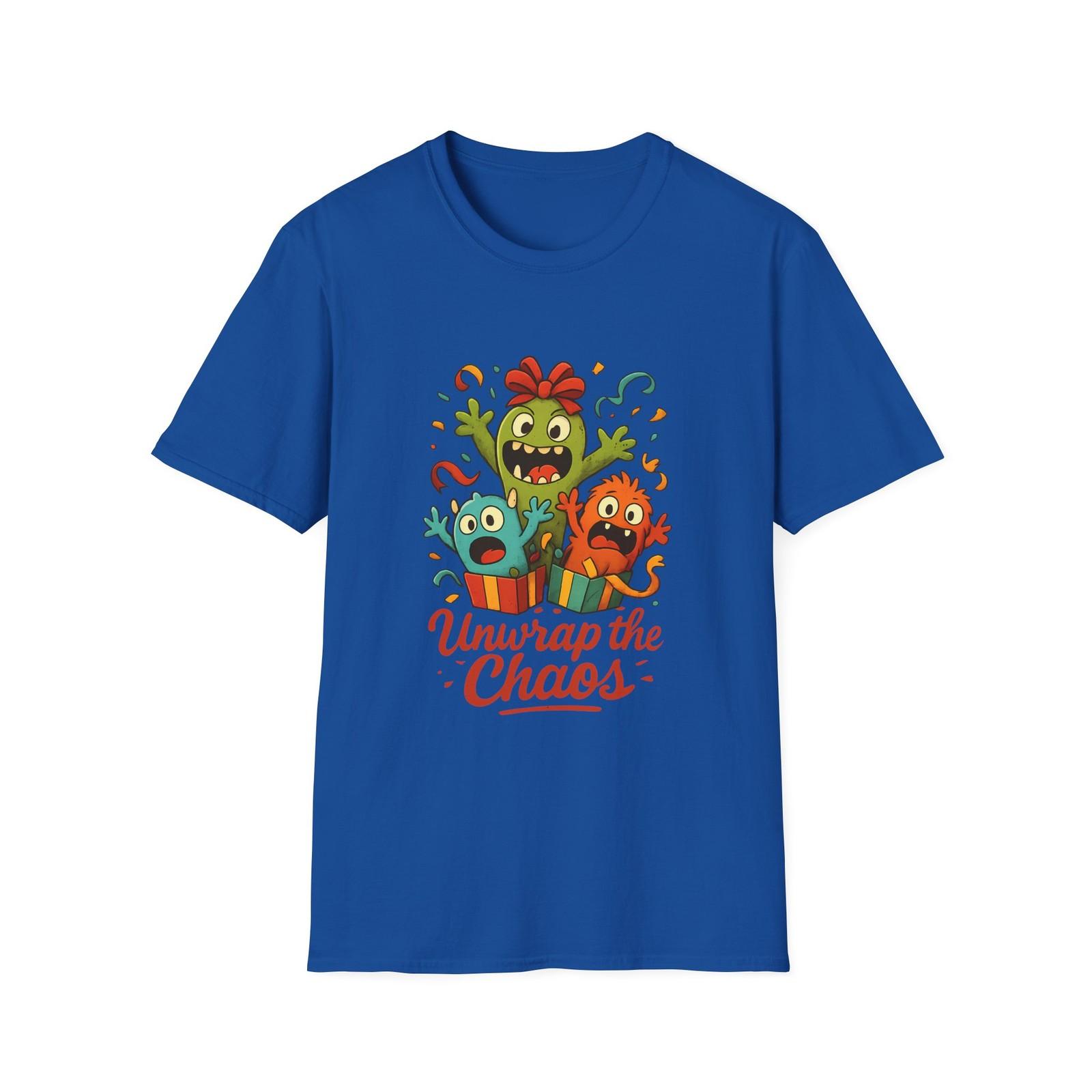 Unisex Softstyle T-Shirt Mens Womens Tees Top Unwrap the Chaos Funny Monster Christmas XL