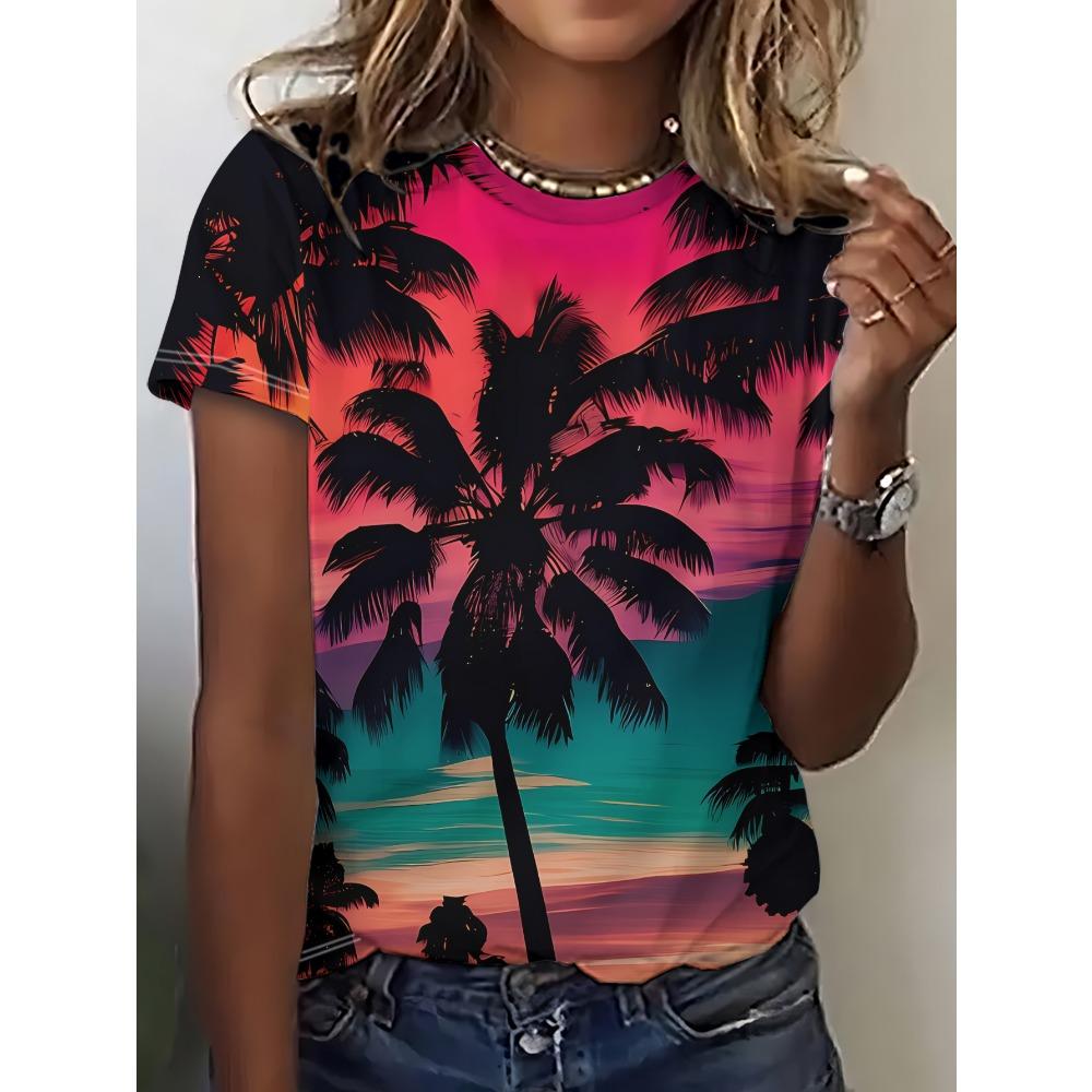 Ladies' Coconut Tree Sunset Printed Short Sleeved T-shirt