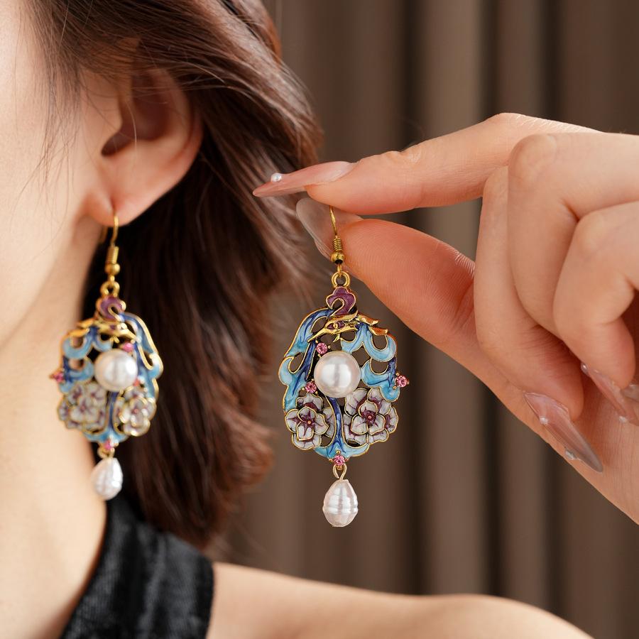 Dripping Oil Flower Dangle Earrings Vintage Ethnic New Chinese Style Imitation Pearl Pendant Earrings Women's Ear Hooks K1