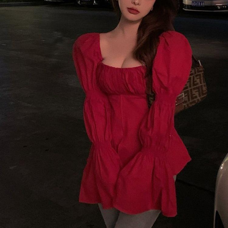 Korejská Čistá Sexy Horká Dívka Sexy Tričko Dámské Jarní Dlouhý Rukáv Čtvercový Límec Top Módní Dámské Oblečení Módní Dámské Oblečení