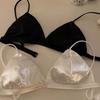 Weißes Satin-Dreieckskörbchen-Bralette mit ultradünnen Doppelträgern, kabelloser, bequemer BH für den Alltag