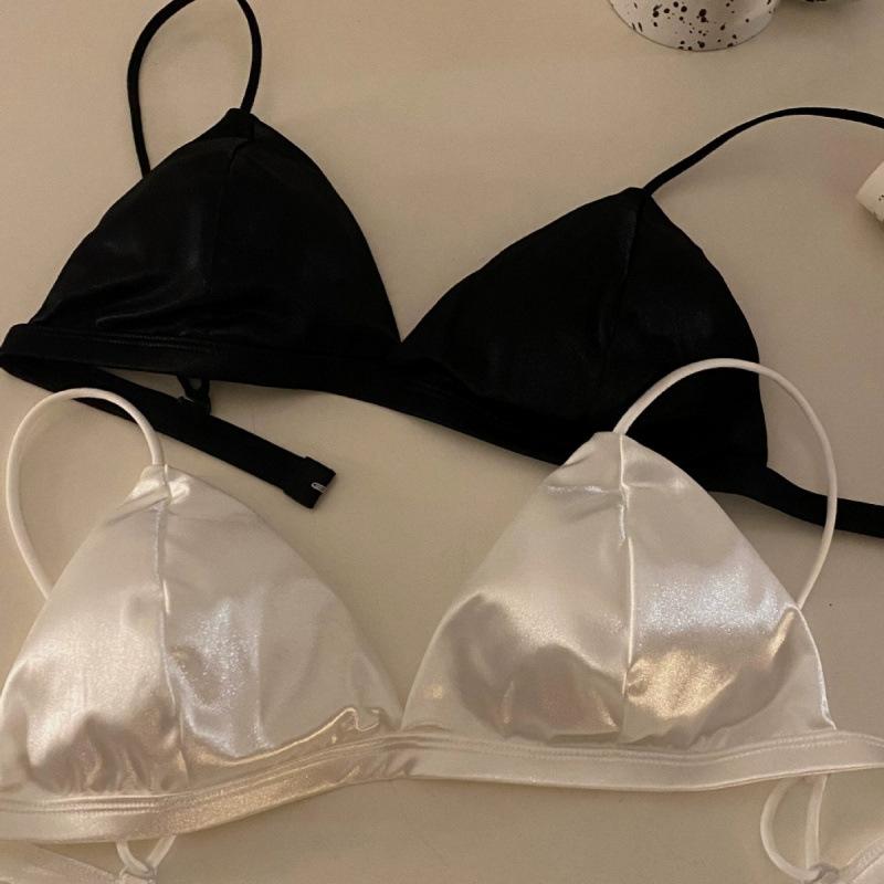 Weißes Satin-Dreieckskörbchen-Bralette mit ultradünnen Doppelträgern, kabelloser, bequemer BH für den Alltag
