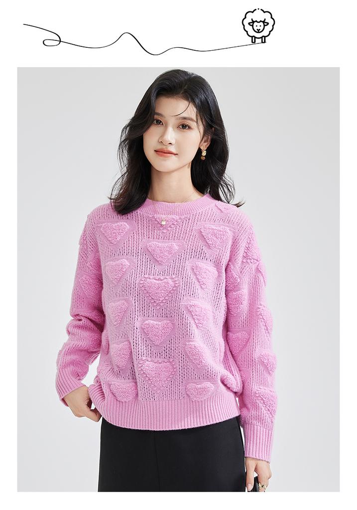 [Thick 100% Wool] Autumn/Winter Round Neck Long Sleeve Solid Color Triangle Love Women's Hoodie Wool Sweater