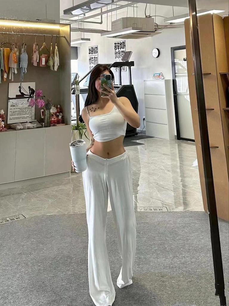 Latte Girl Zavinovací jógové kalhoty na zip - Dámské rovné nohavice, délka až na zem, super pohodlné fitness oblečení