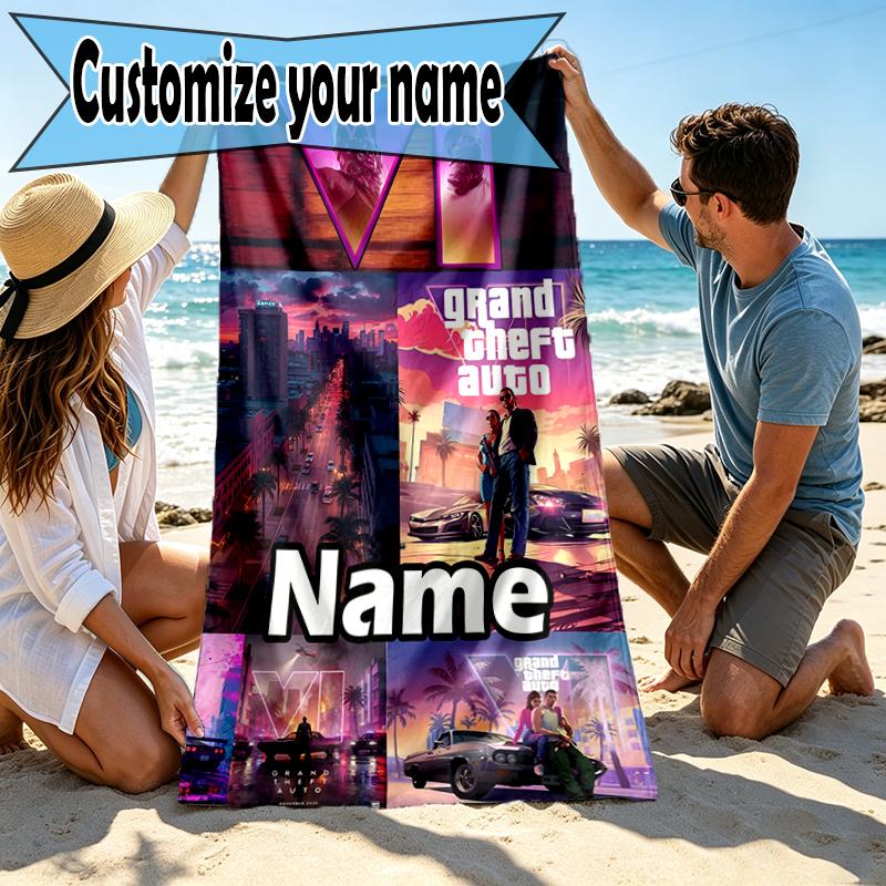 Custom Name Personalized Grand Theft Auto VI Print Beach Towel, for Trip Camping Beach Party Home Decor, Birthday Gift for Family & Friends