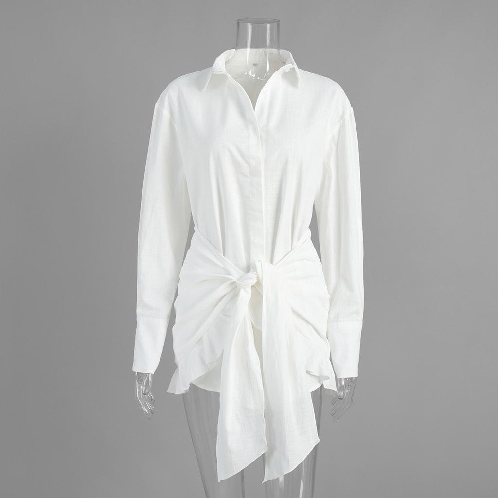 Shirt skirt European and American summer new vacation lazy solid color lace-up lapel hip shirt dress