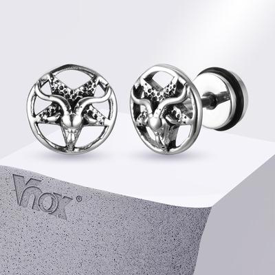 Vnox Gothic Devil Satanic Goat Satan Stud Earrings for Men Boys, Vintage Stainless Steel Star Demon Baphomet Earrings Jewelry