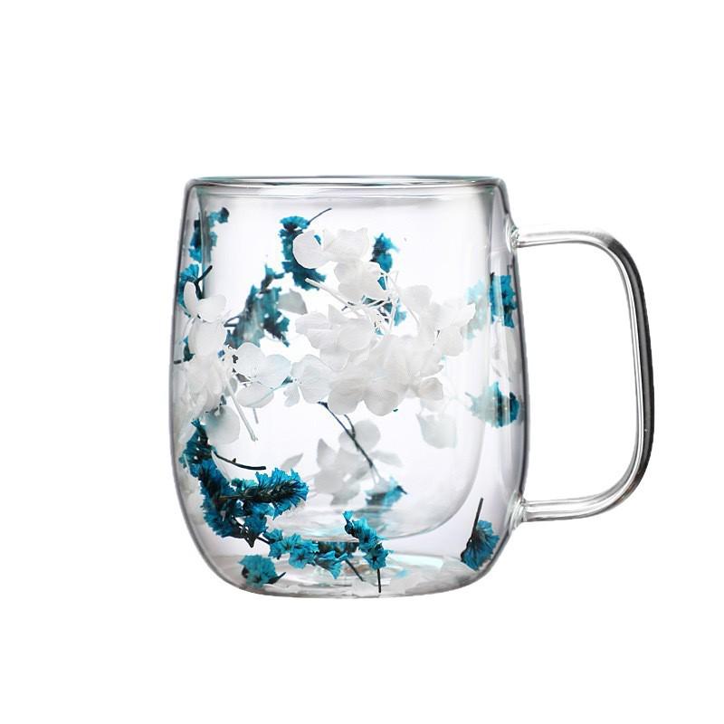 Luxury Double-Layer Glass Cup with Real Flowers and Quicksand Design