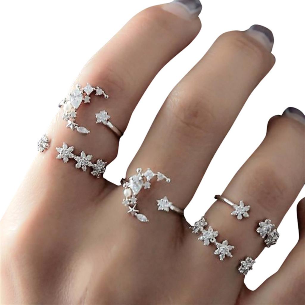 5PC Women Bohemian Star Moon Wedding Lover Crystal Stack Rings Set
