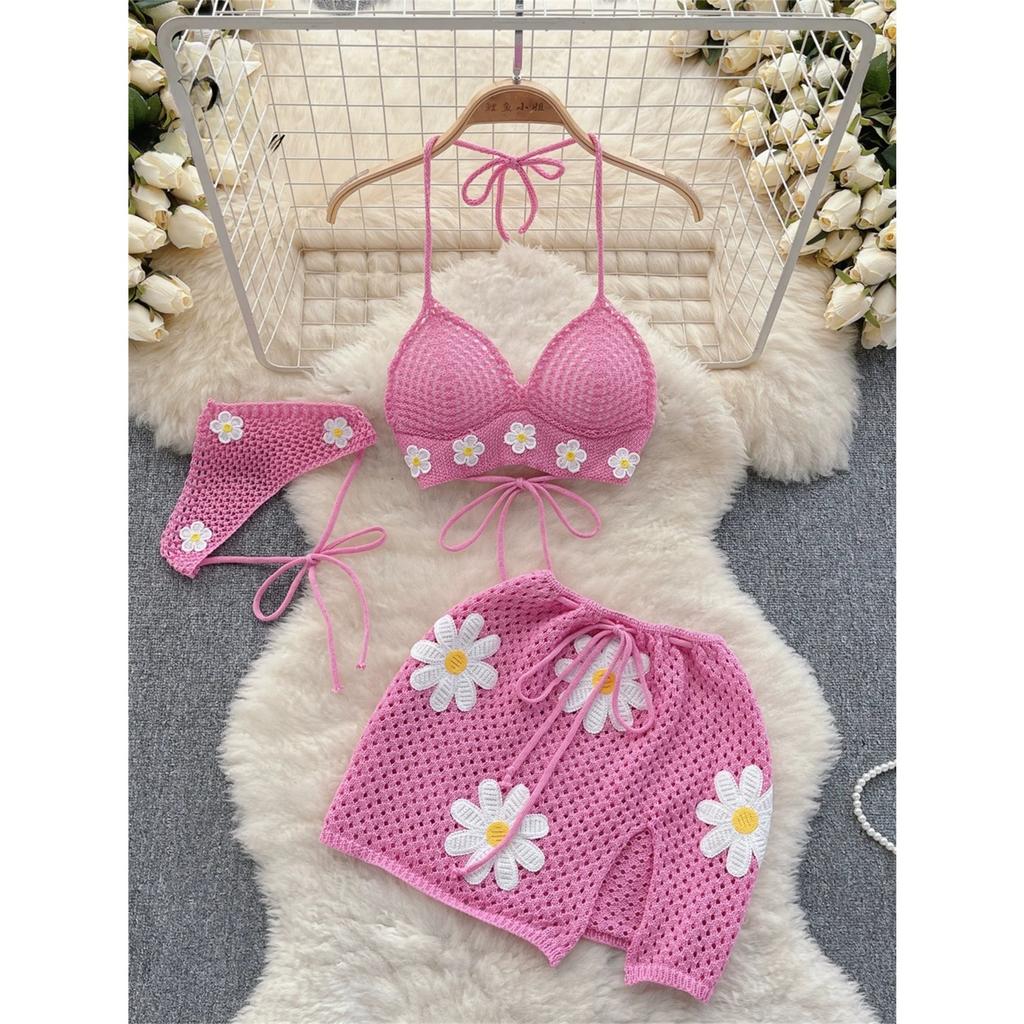 Korean Hollow Out Knitted Suits Women Halter Lace Up Bow Backless Tank Top+Drawstring Split Mini Skirt Two Pieces Sets