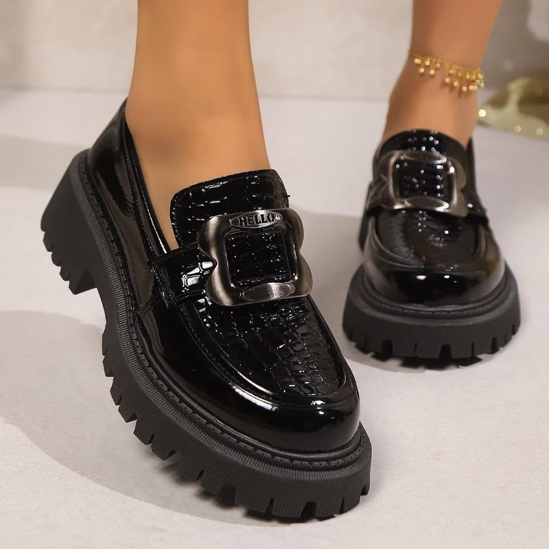 Women's Wide Width Square Buckle Platform Loafers - Chunky Sole Oxford Shoes for Fall/Winter, British Style Fashion Flats