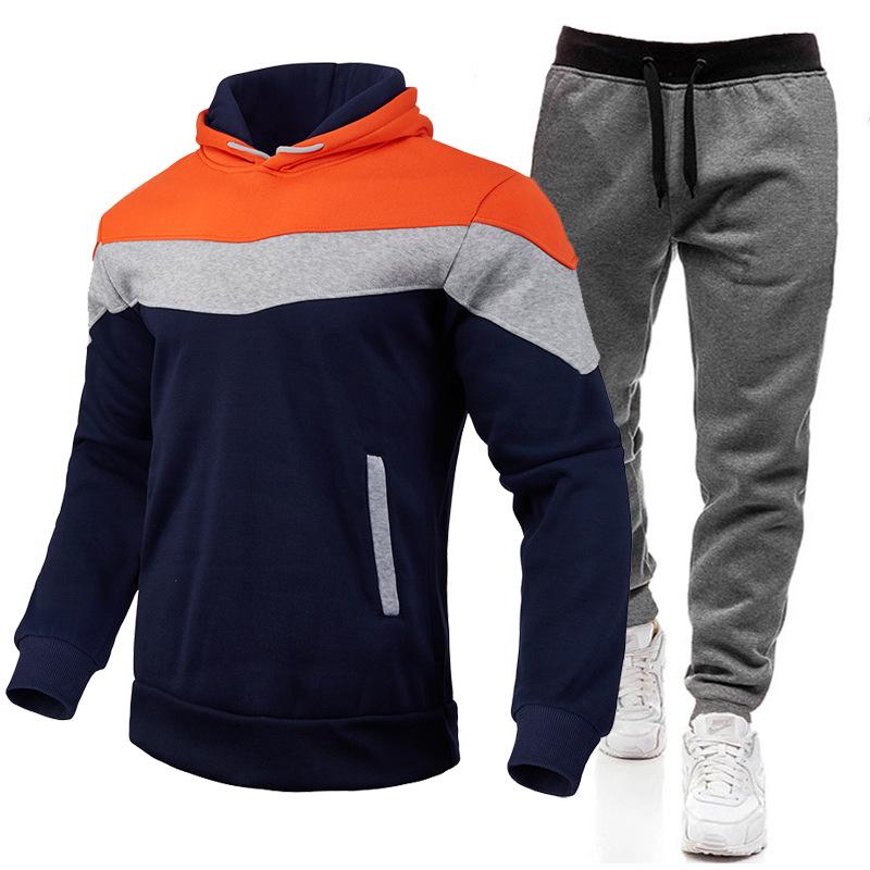 2023 Cross-Border Fleece-Lined Patchwork Hoodie & Long Pants Set – Warm Autumn/Winter Outfit