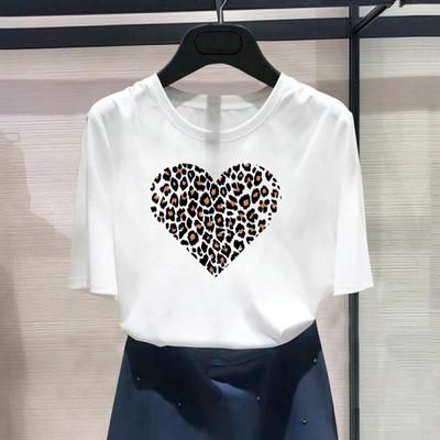 Taglia Asiatica-Stampa Da Donna Leopardo Cuore Amore Dolce Anni '90 Carino Femminile T Abbigliamento Casual Top Estivo da Donna Moda T-shirt Grafica Manica Corta