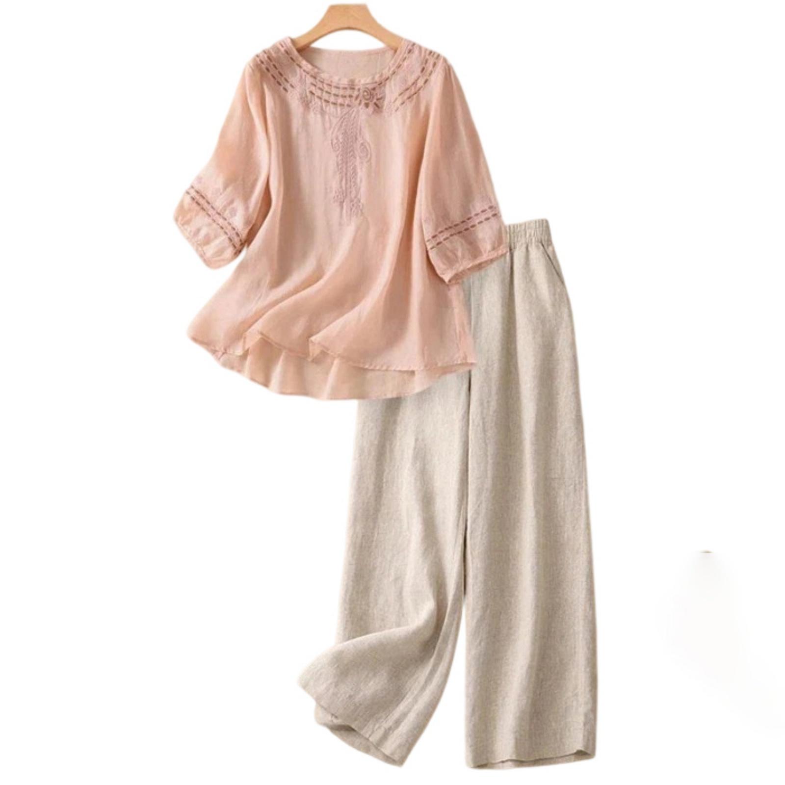 

Two Piece Cotton Linen Set Loose Fit Top with Embroidered Detail and Relaxed Wide Leg Pants for Everyday Wear XXL-5 розовый