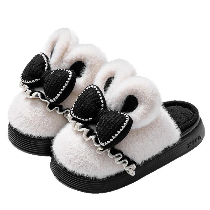 Winter New Bow Cotton Slippers Home Thick Bottom Non-slip Velvet Warm Plush Cotton Shoes