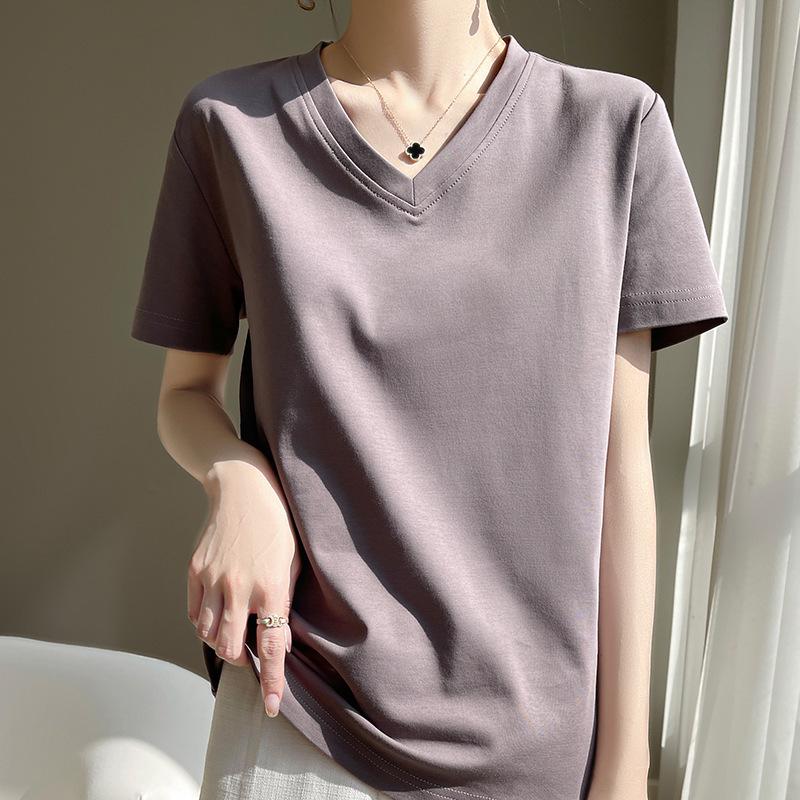 

Высококачественная женская футболка с V-образным вырезом и короткими рукавами из мерсеризованного хлопка: Не просвечивает, Повседневный, Влагоотводящий, Дышащий, Универсальная посадка. Large