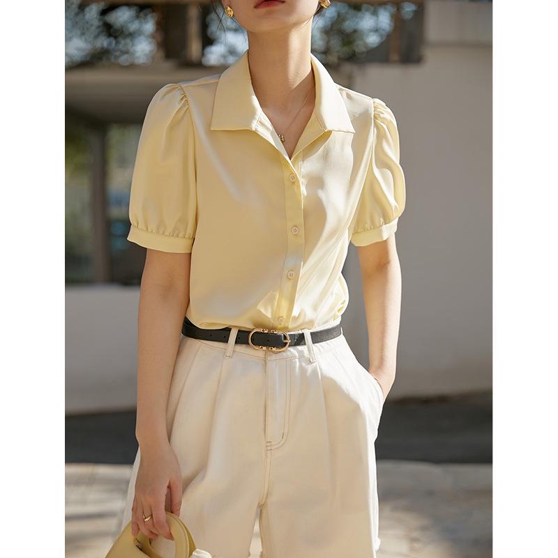 Petite High-Grade Satin Chiffon Short-Sleeve White Shirt for Women - Early Autumn Commuting Interview Top