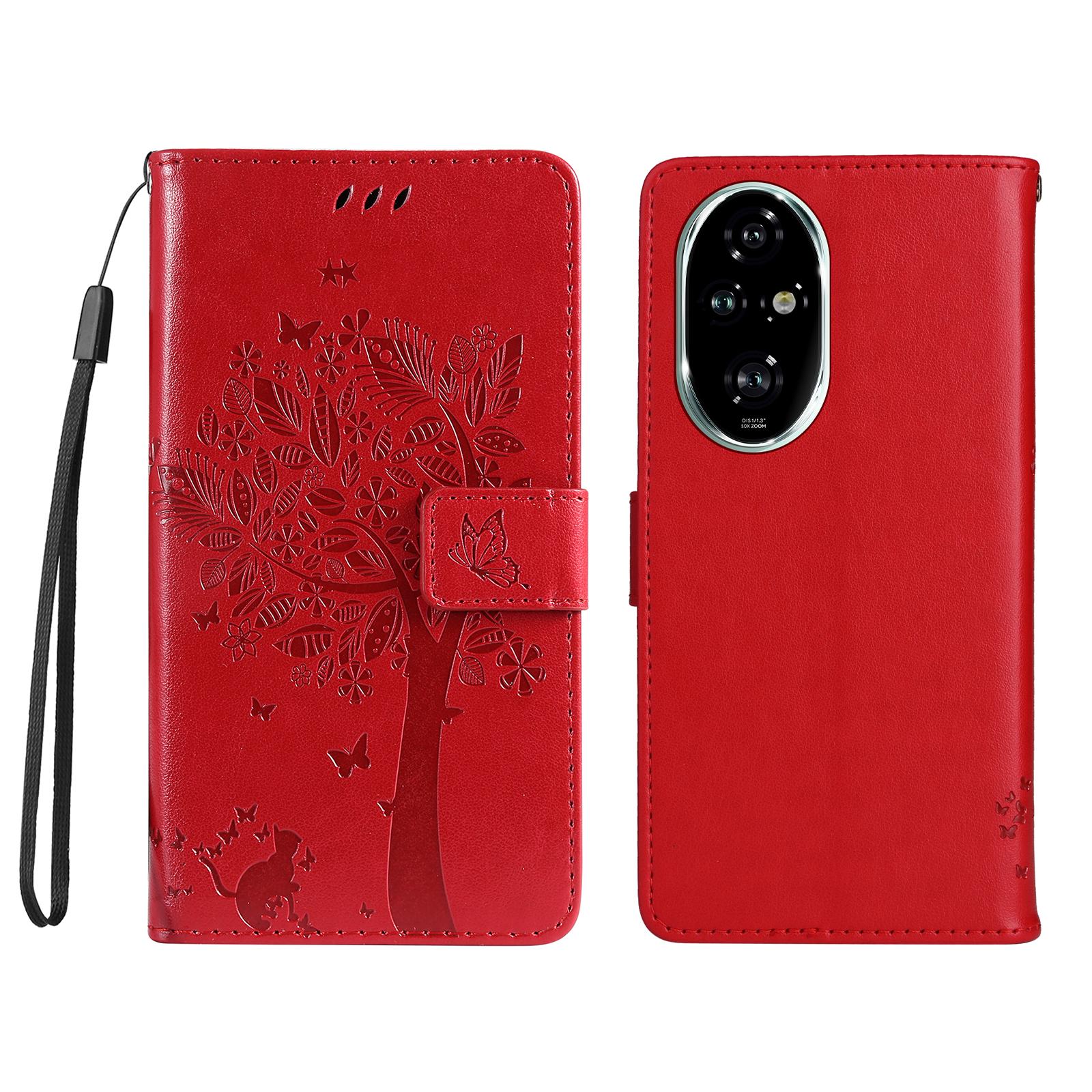 

For Honor 200 Pro 5G Phone Case with Stand Cat Tree Pattern Leather Wallet Mobile Cover Red