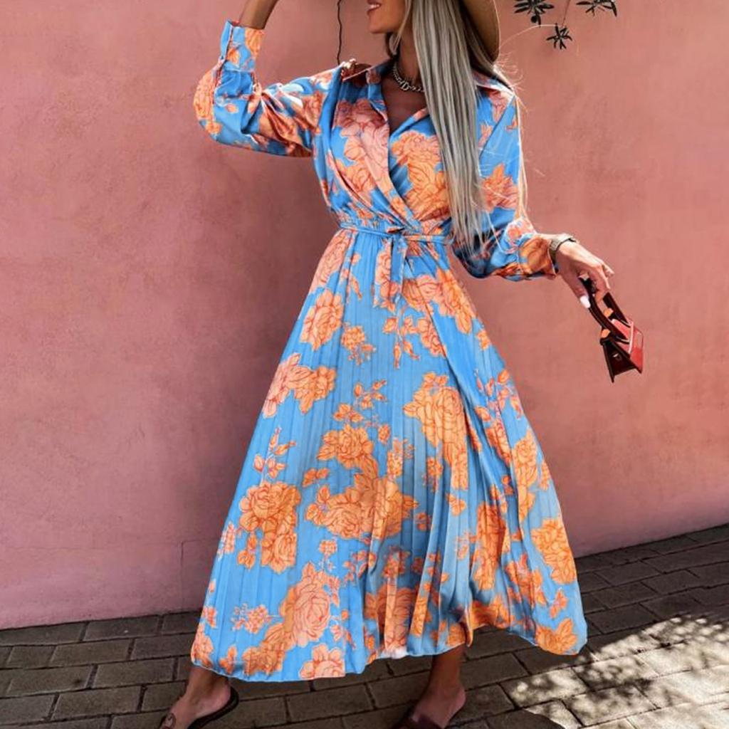 Women's Casual Fashion V Neck Long Sleeve Printed Pleated Dress Sundress
