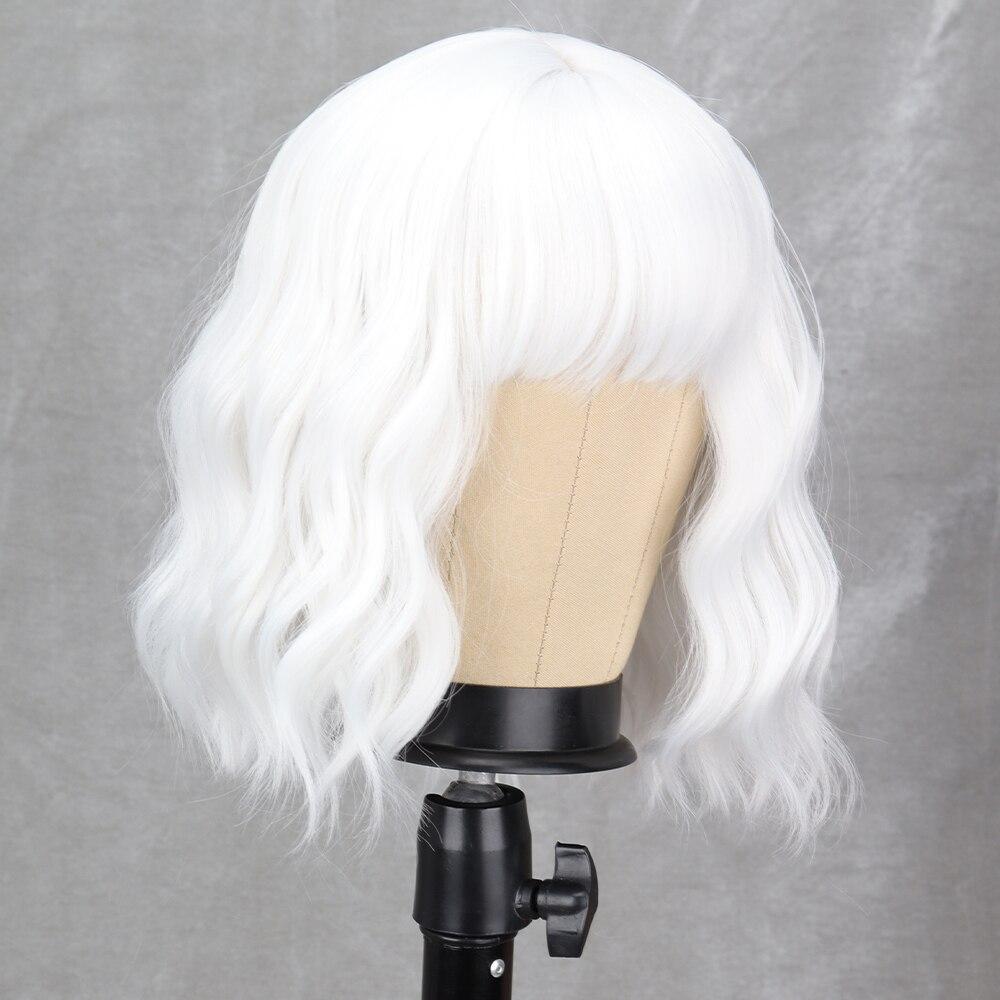 MISS WIG Women Fashion Short Wavy Wig with Bangs Synthetic Fiber Pure White Wavy Wig Cosplay Halloween Party Wear