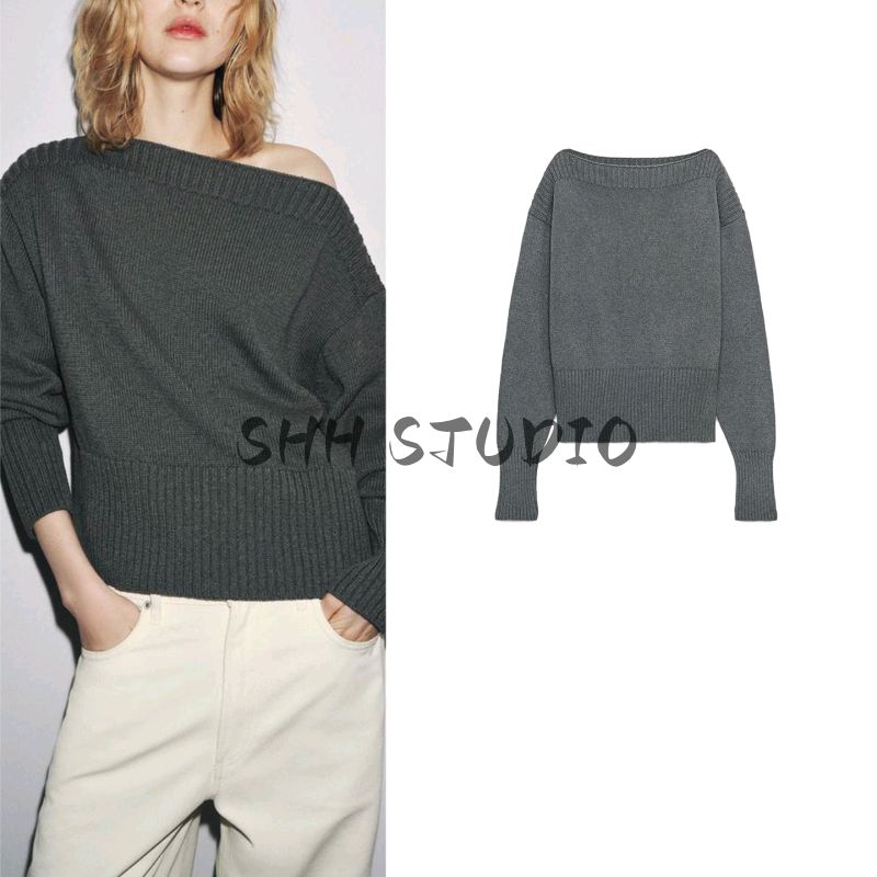 Fall New Women's Clothing French Rib Closing Pure Color Loose off Shoulder Long Sleeves Knitwear 6771139