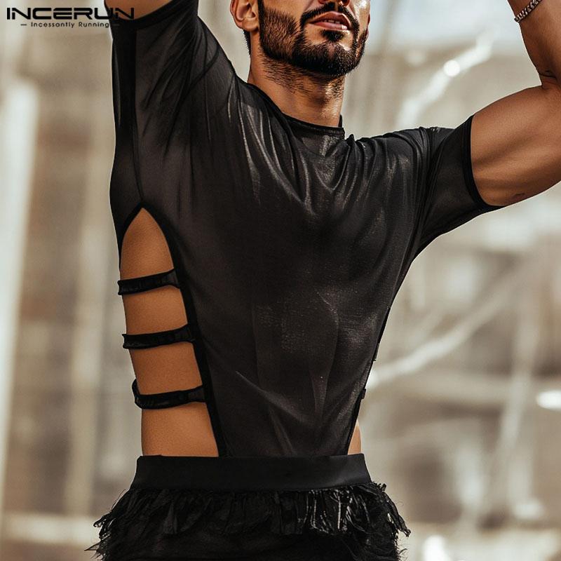INCERUN Summer Men Short Sleeve Mesh Sheer Bandage Hollow Fitted Briefs Jumpsuits S