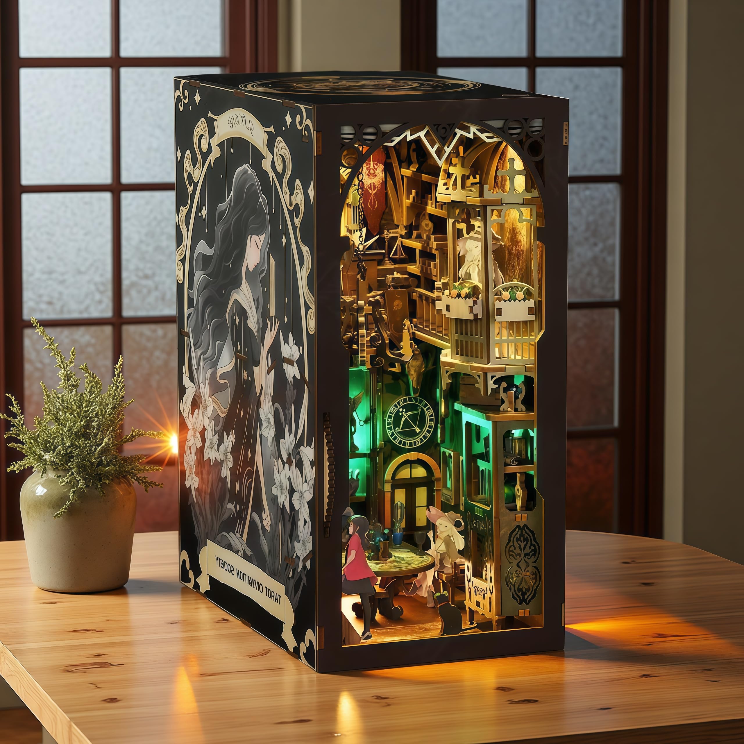 

FSEARRT 3D Пазл Миниатюрный Домик Набор со Светодиодной Подсветкой Книжная Полка Ручная Сборка Деревянный Пылезащитный Чехол в Комплекте Читающие Книжные Зажимы, Подставка для Книг, Декорация,