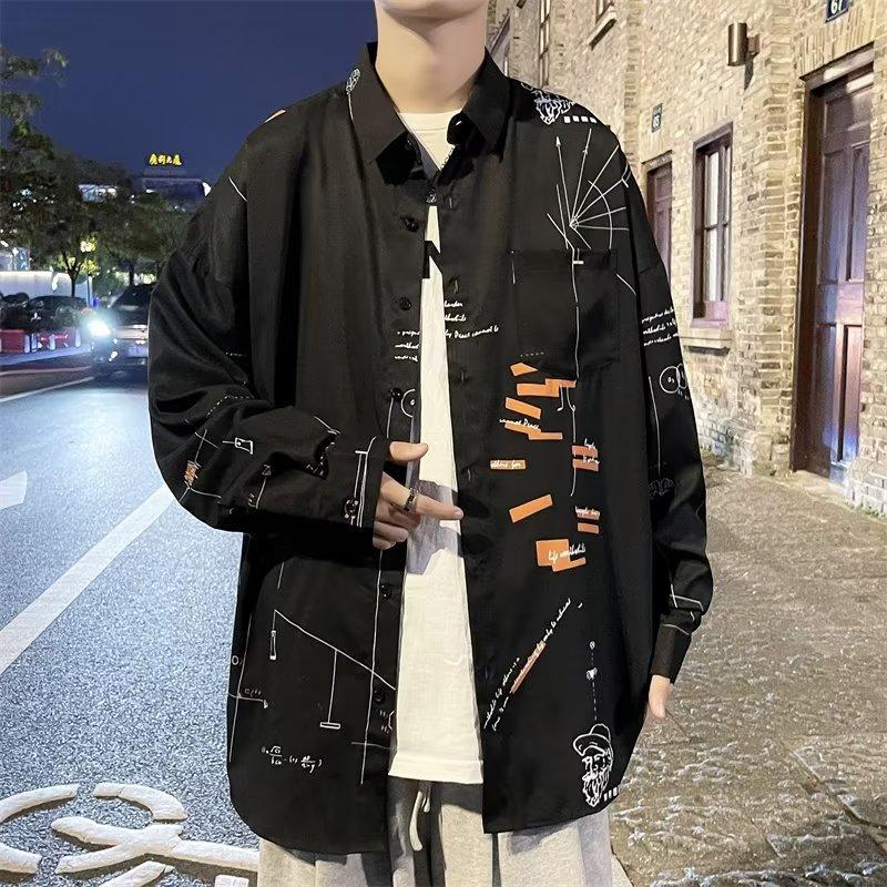 Hong Kong Style Long Sleeve Shirt Men's Trendy Japanese Style Slim-Fit Printed Shirt Spring and Autumn Fresh Korean Style Student Casual Shirt